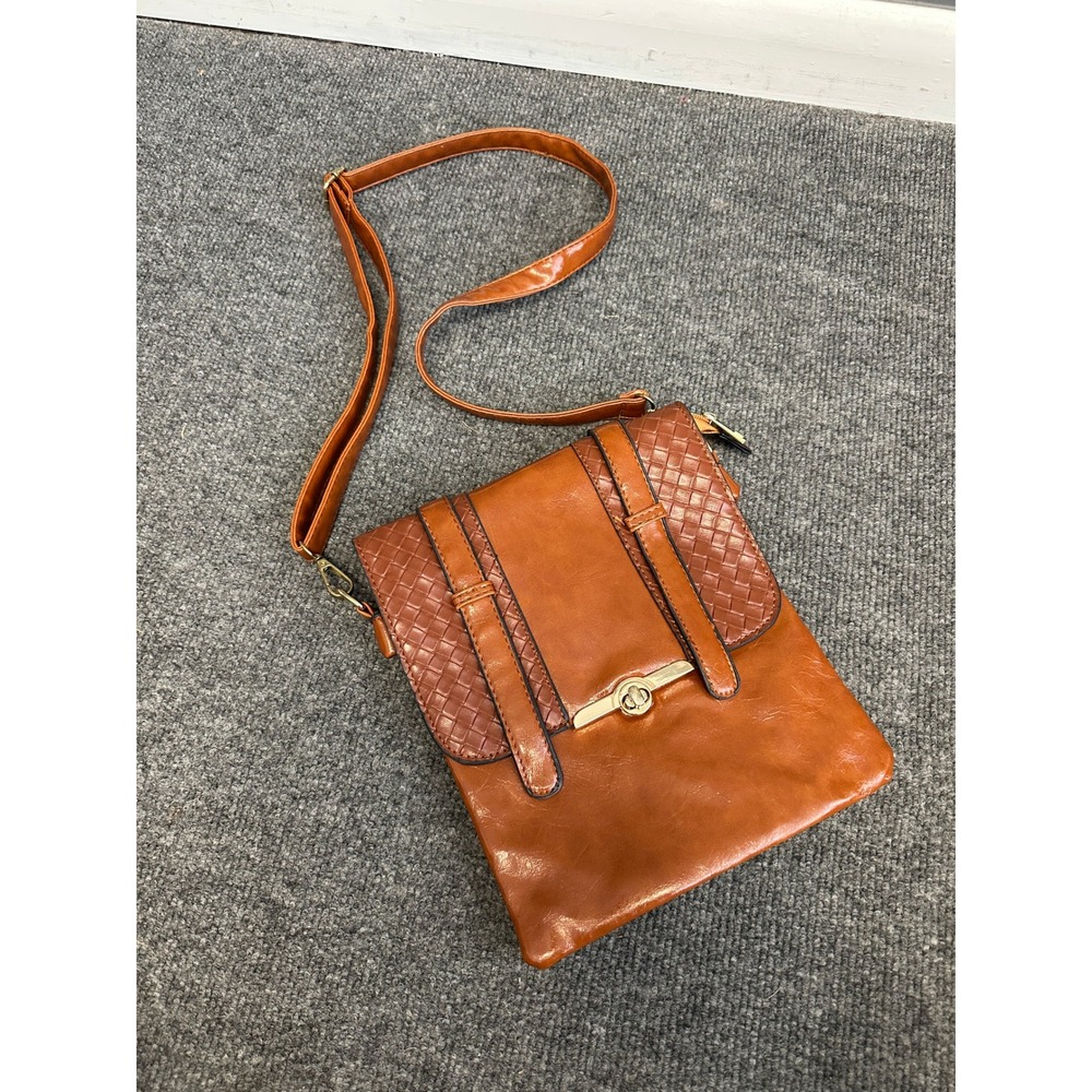 Cognac Faux Leather Woven Flap Crossbody Bag Brown Messenger Purse Turn Lock